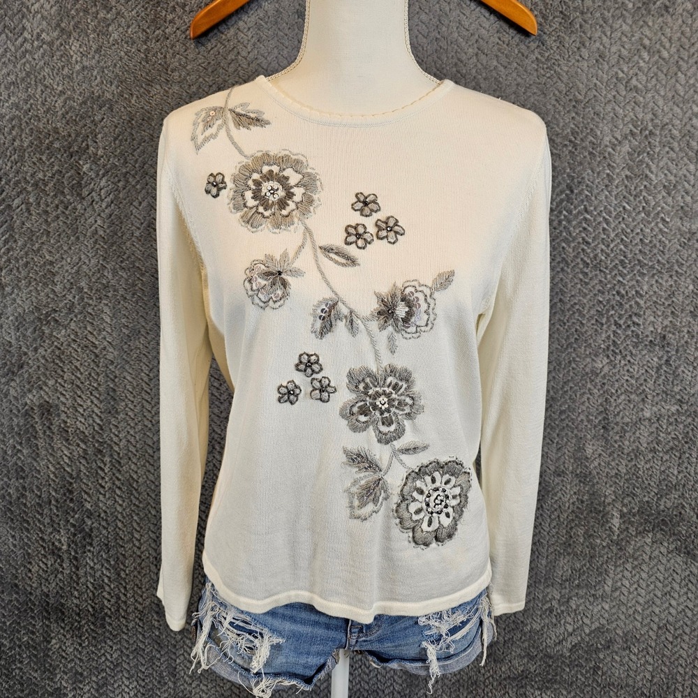 Romantic Cream Floral Embroidered Sequin Beaded Long Sleeve Knit Sweater